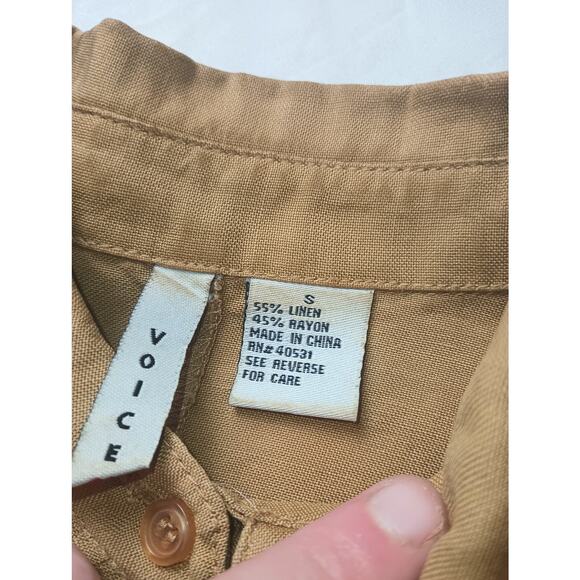 Voice 3/4th Rolled Sleeve Military Style Khaki Button Down Jacket, Linen Small. - Picture 3 of 5